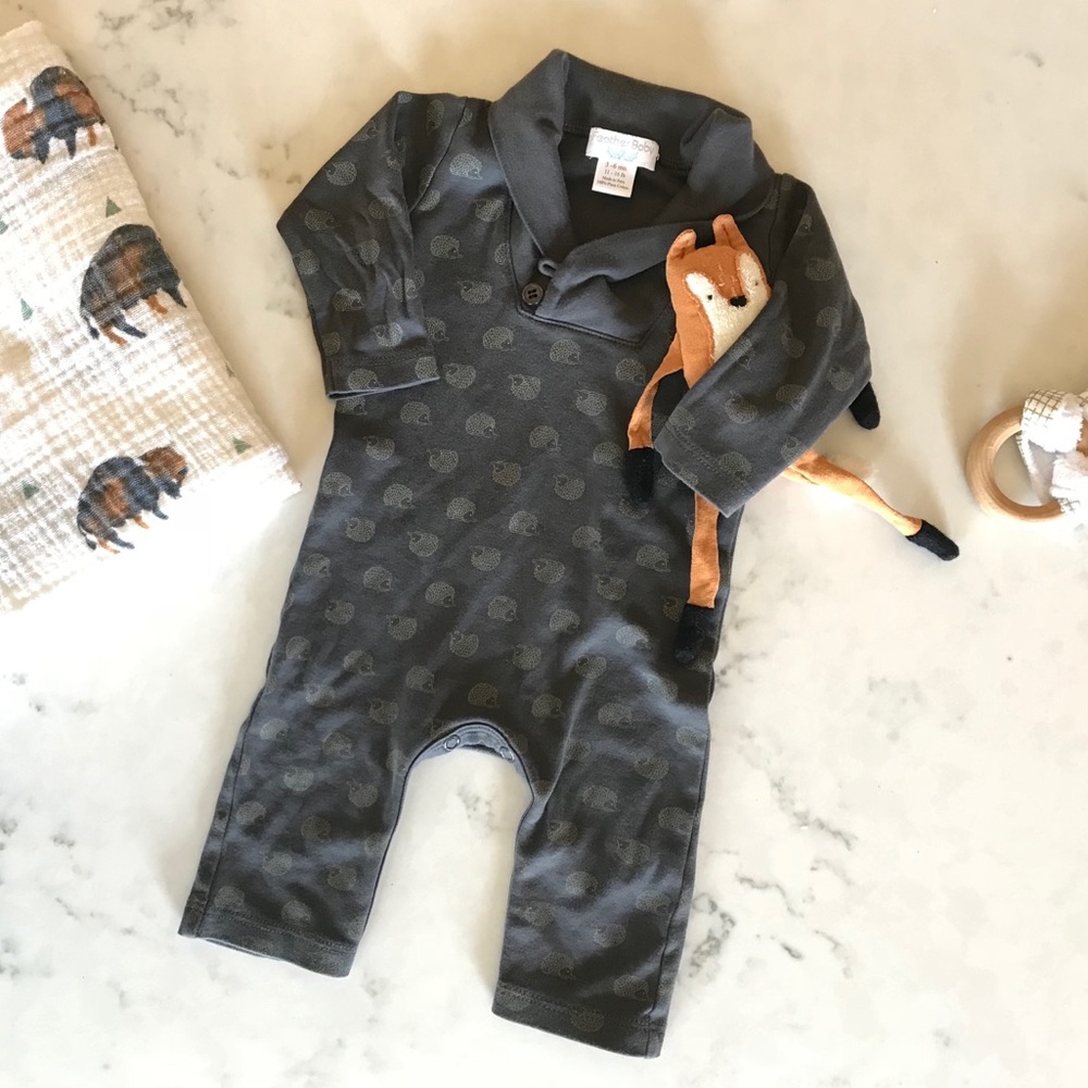 Feather Baby Shawl Collar Hedgehog Pima Romper 3-6